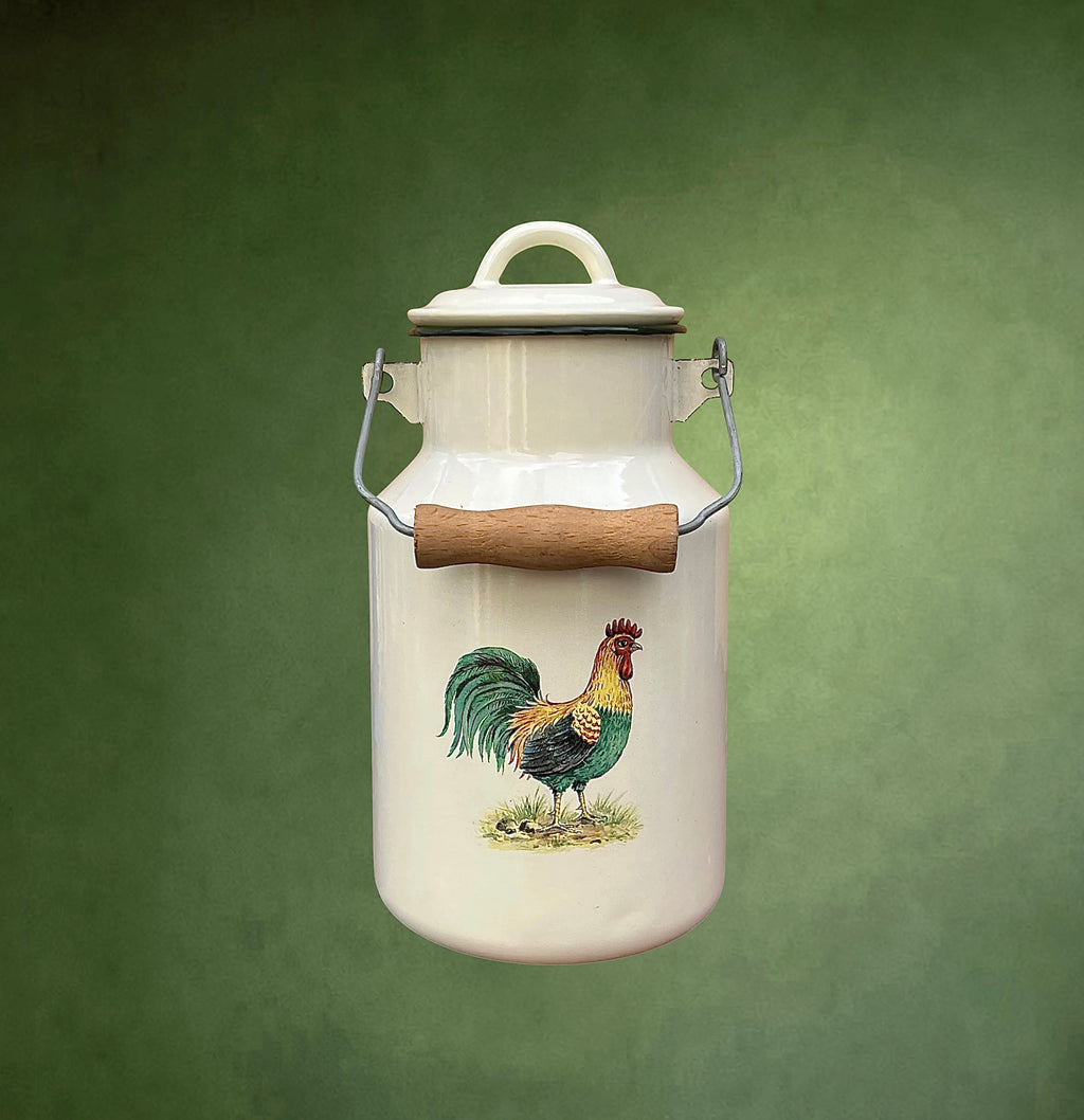 Bidon à Lait Émaillé Crème au Décor de Coq – Années 60-70