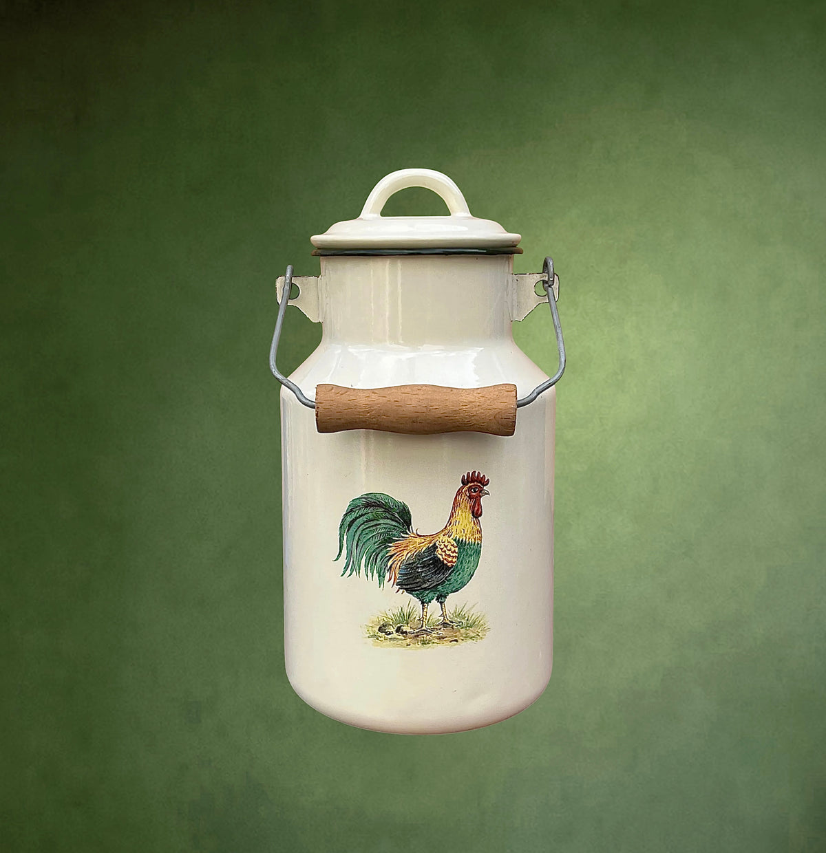 Bidon à Lait Émaillé Crème au Décor de Coq – Années 60-70