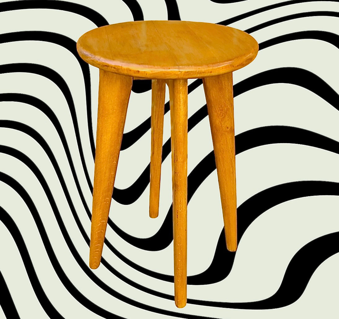 Tabouret vintage bois massif verni pieds compas années 60 style scandinave