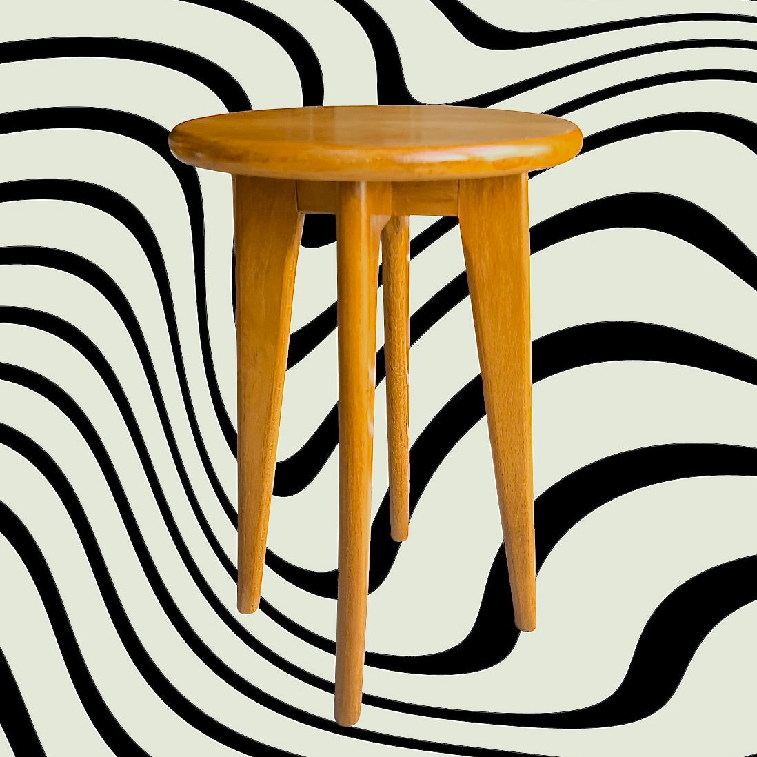 Tabouret vintage bois massif verni pieds compas années 60 style scandinave