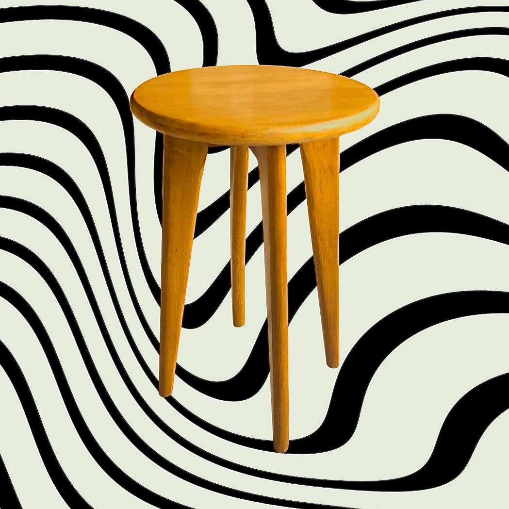 Tabouret vintage bois massif verni pieds compas années 60 style scandinave
