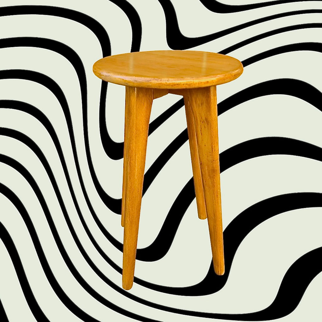 Tabouret vintage bois massif verni pieds compas années 60 style scandinave
