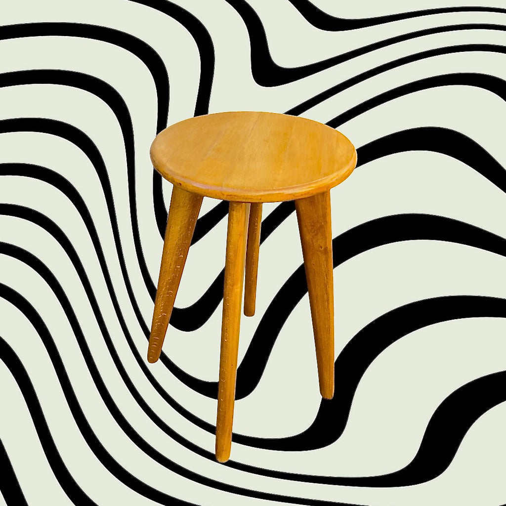 Tabouret vintage bois massif verni pieds compas années 60 style scandinave