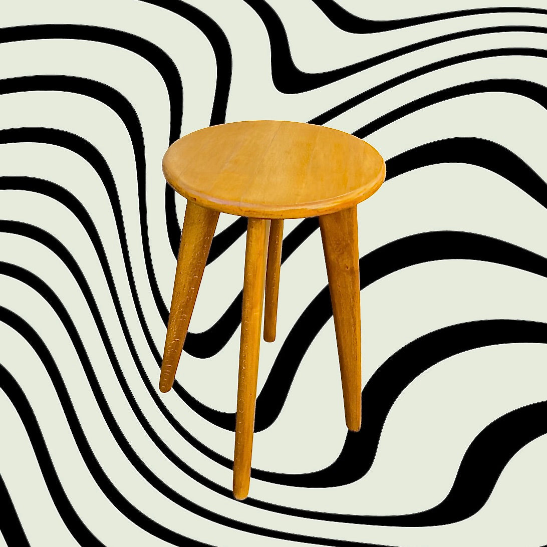 Tabouret vintage bois massif verni pieds compas années 60 style scandinave