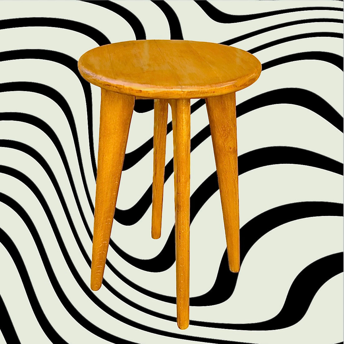 Tabouret vintage bois massif verni pieds compas années 60 style scandinave
