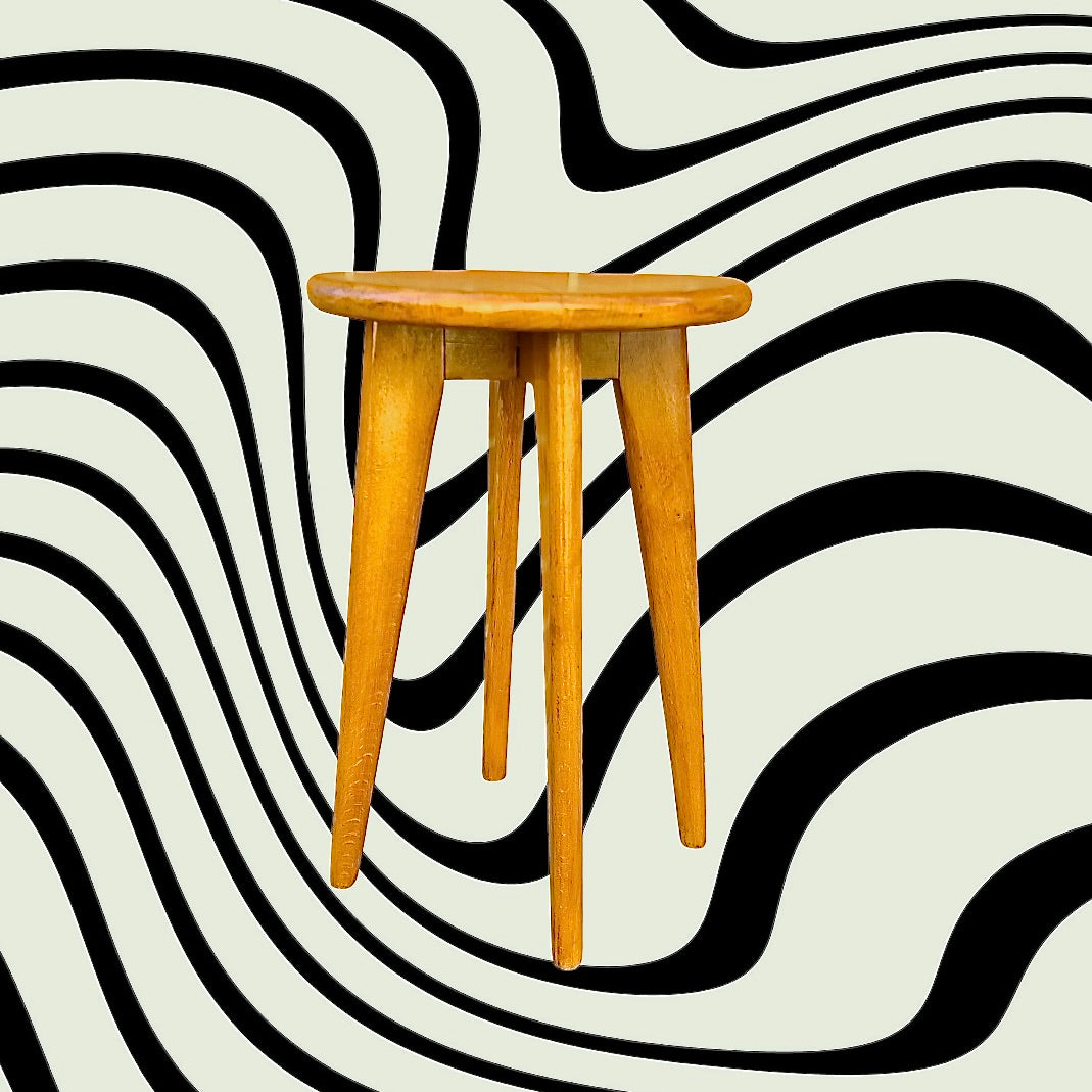 Tabouret vintage bois massif verni pieds compas années 60 style scandinave