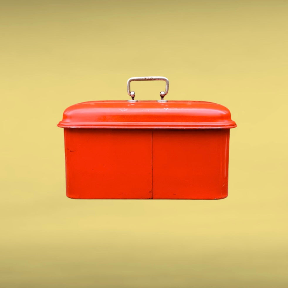 Petit coffre métallique vintage rouge orangé mallette métal années 60