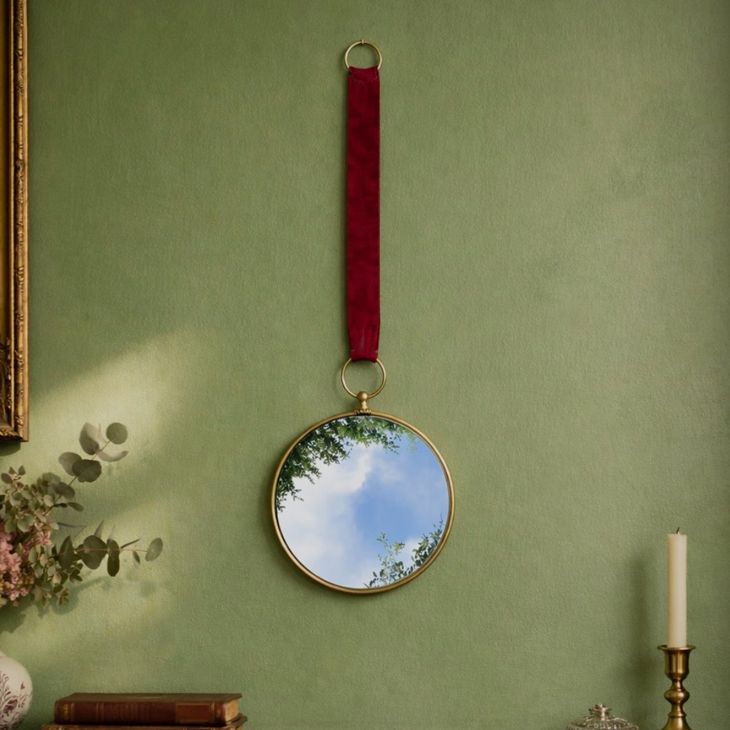 Miroir Œil De Sorcière Bombé Médaillon Doré Ruban Velours Années 60