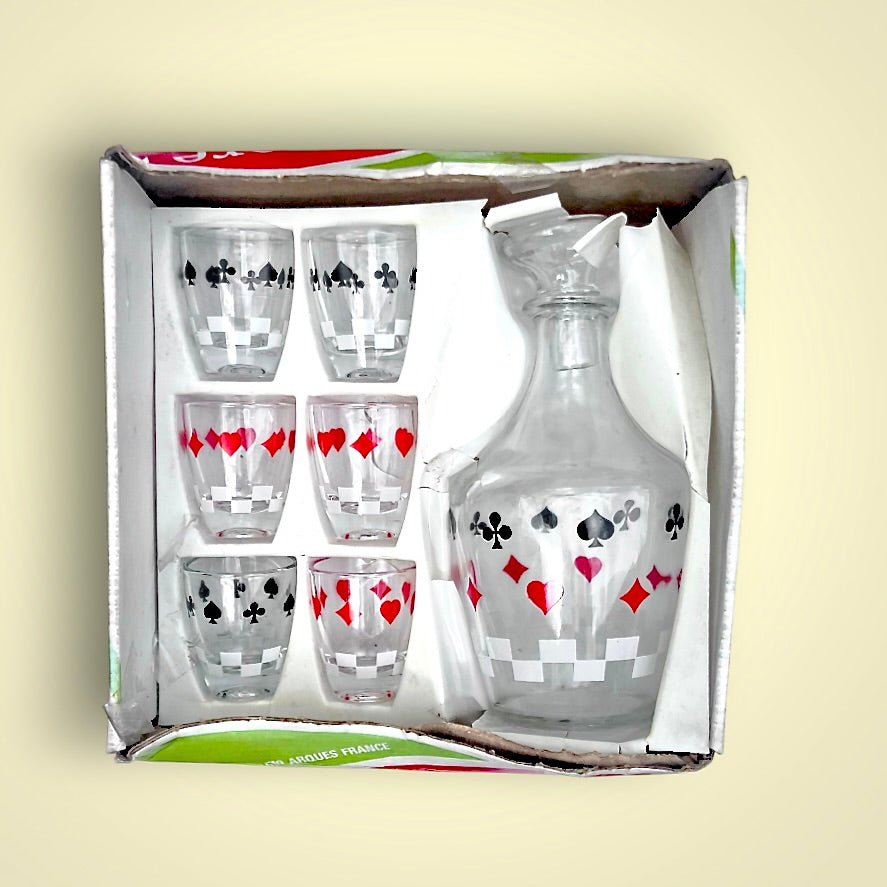 Service à Liqueur Vintage Cartes à Jouer – Carafe et 6 Verres J.G. Durand Arques Années 70