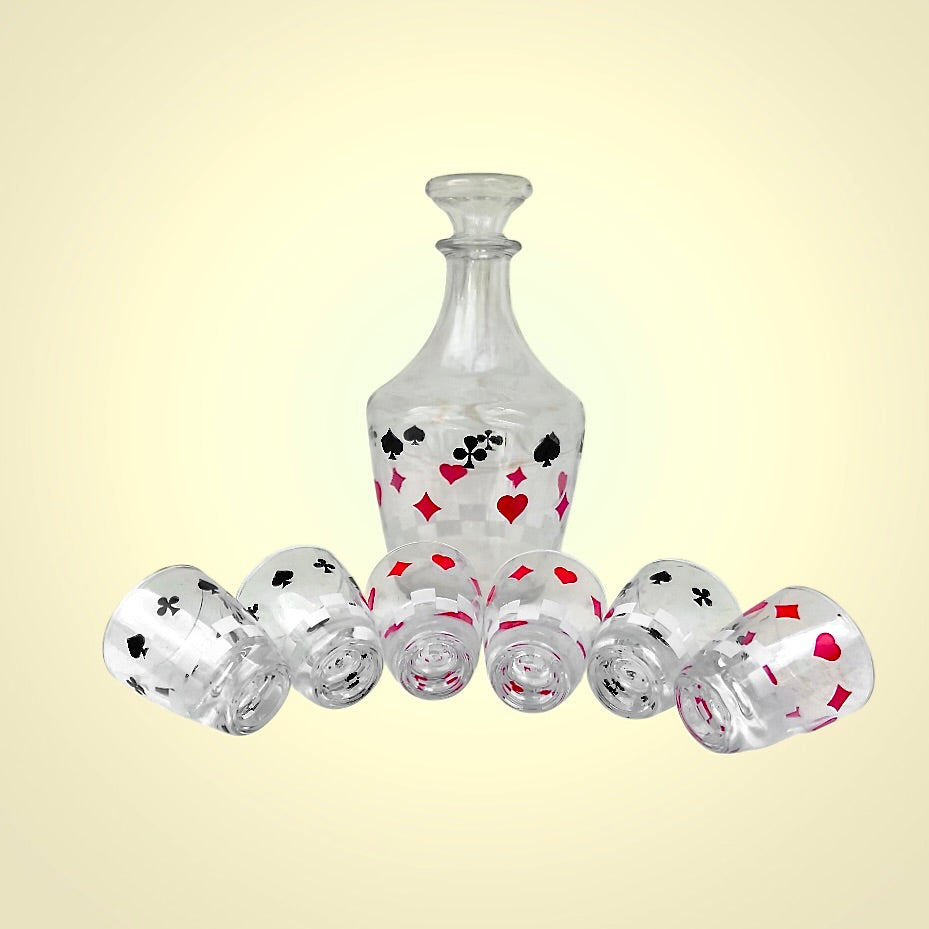 Service à Liqueur Vintage Cartes à Jouer – Carafe et 6 Verres J.G. Durand Arques Années 70