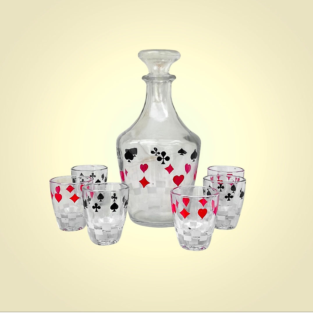 Service à Liqueur Vintage Cartes à Jouer – Carafe et 6 Verres J.G. Durand Arques Années 70