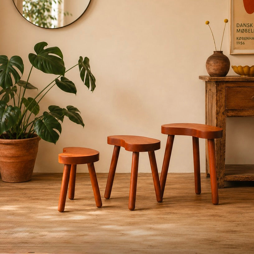 Trio de Tabourets Gigognes en Bois Lasuré Forme Haricot - Années 60-70