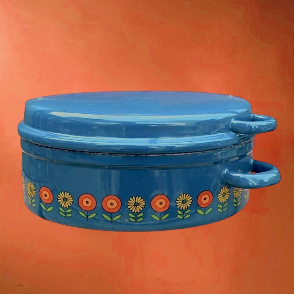 Cocotte émaillée bleue Siegwerk vintage années 70 décor floral