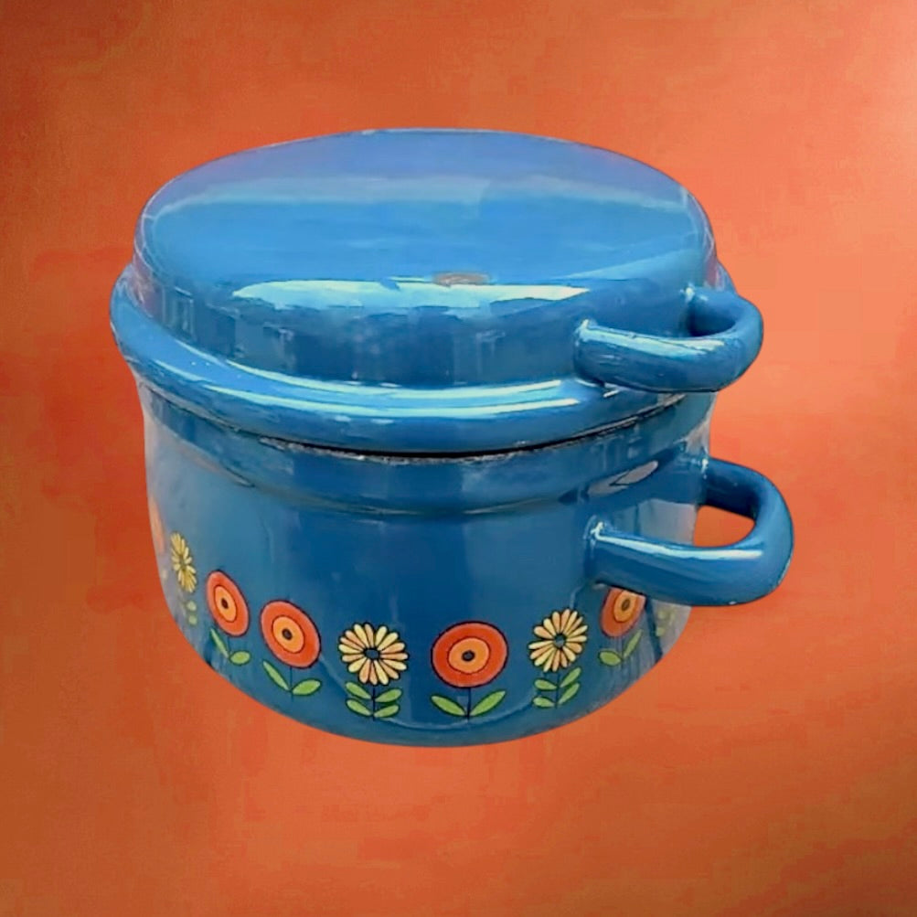 Cocotte vintage en tôle émaillée bleue Siegwerk – décor floral – années 70