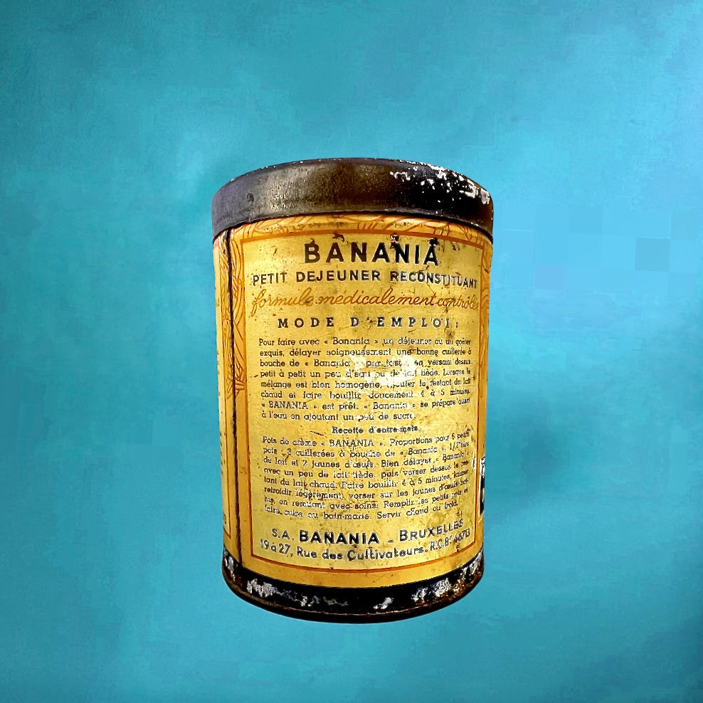 Boîte Banania vintage Bruxelles bilingue tôle lithographiée années 40 publicité ancienne collectible tin retro kitchen decor