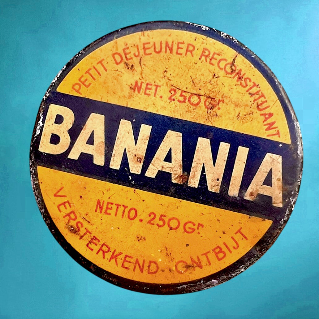 Boîte Banania vintage Bruxelles bilingue tôle lithographiée années 40 publicité ancienne collectible tin retro kitchen decor