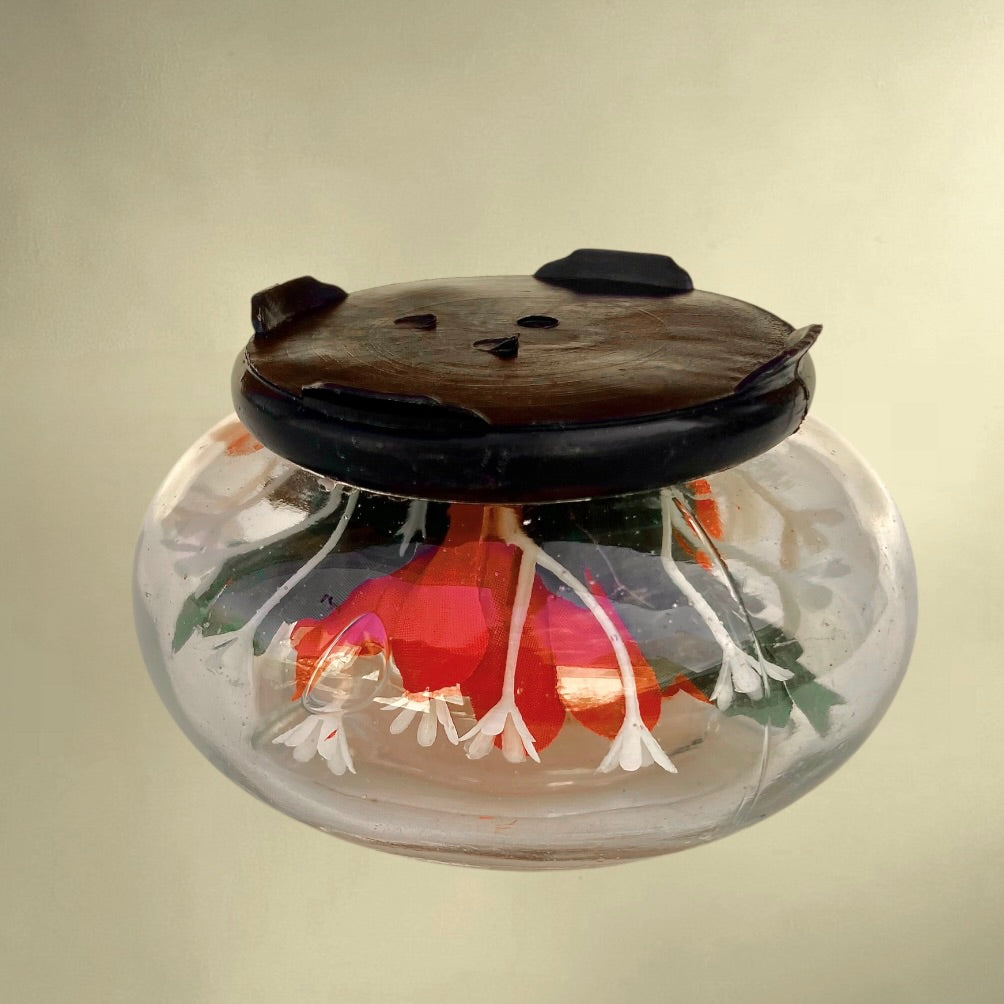Cendrier vintage fleuri en verre et plastique – kitsch années 1960