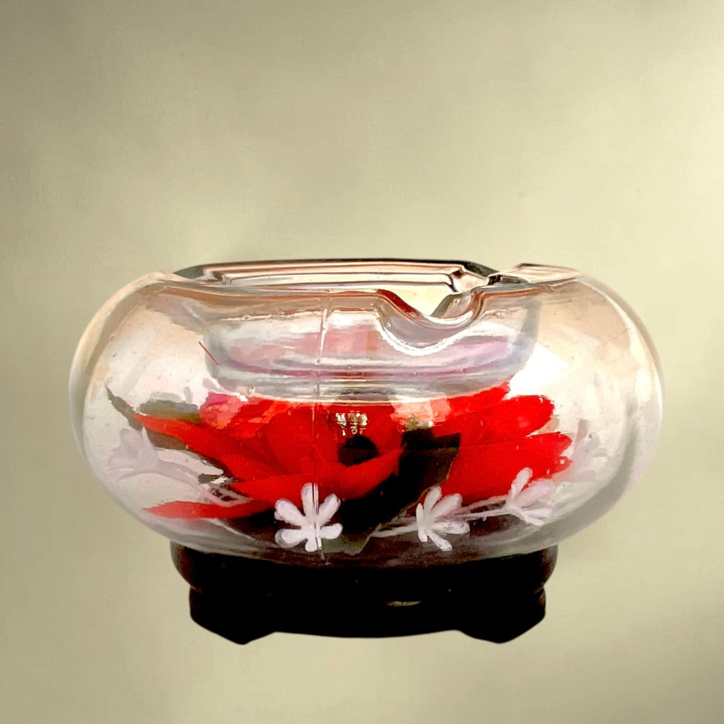 Cendrier vintage fleuri en verre et plastique – kitsch années 1960