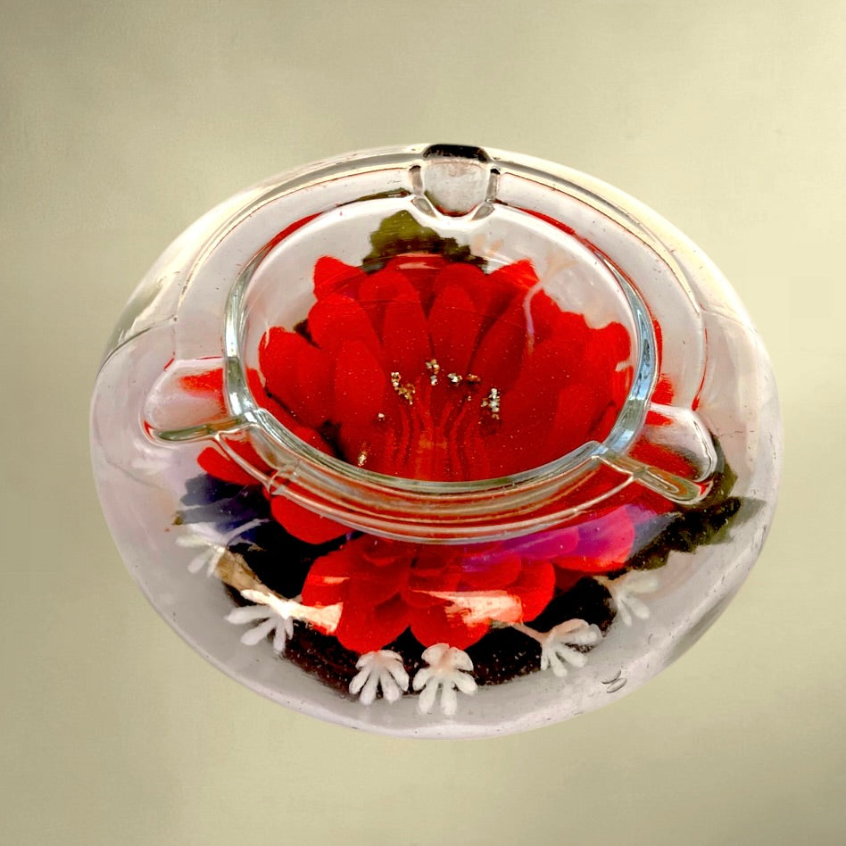 Cendrier vintage fleuri en verre et plastique – kitsch années 1960