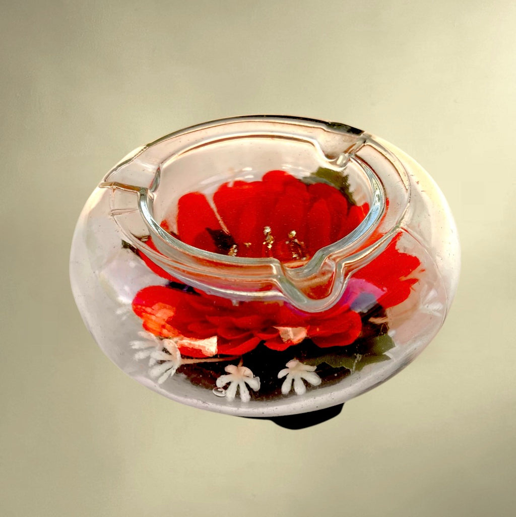 Cendrier vintage fleuri en verre et plastique – kitsch années 1960