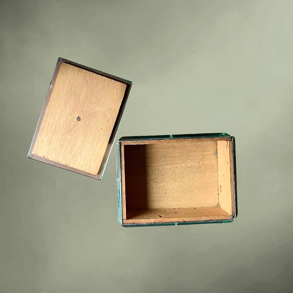 Boîte à bijoux Art Déco en verre miroir biseauté et bois – coffret vintage années 1940