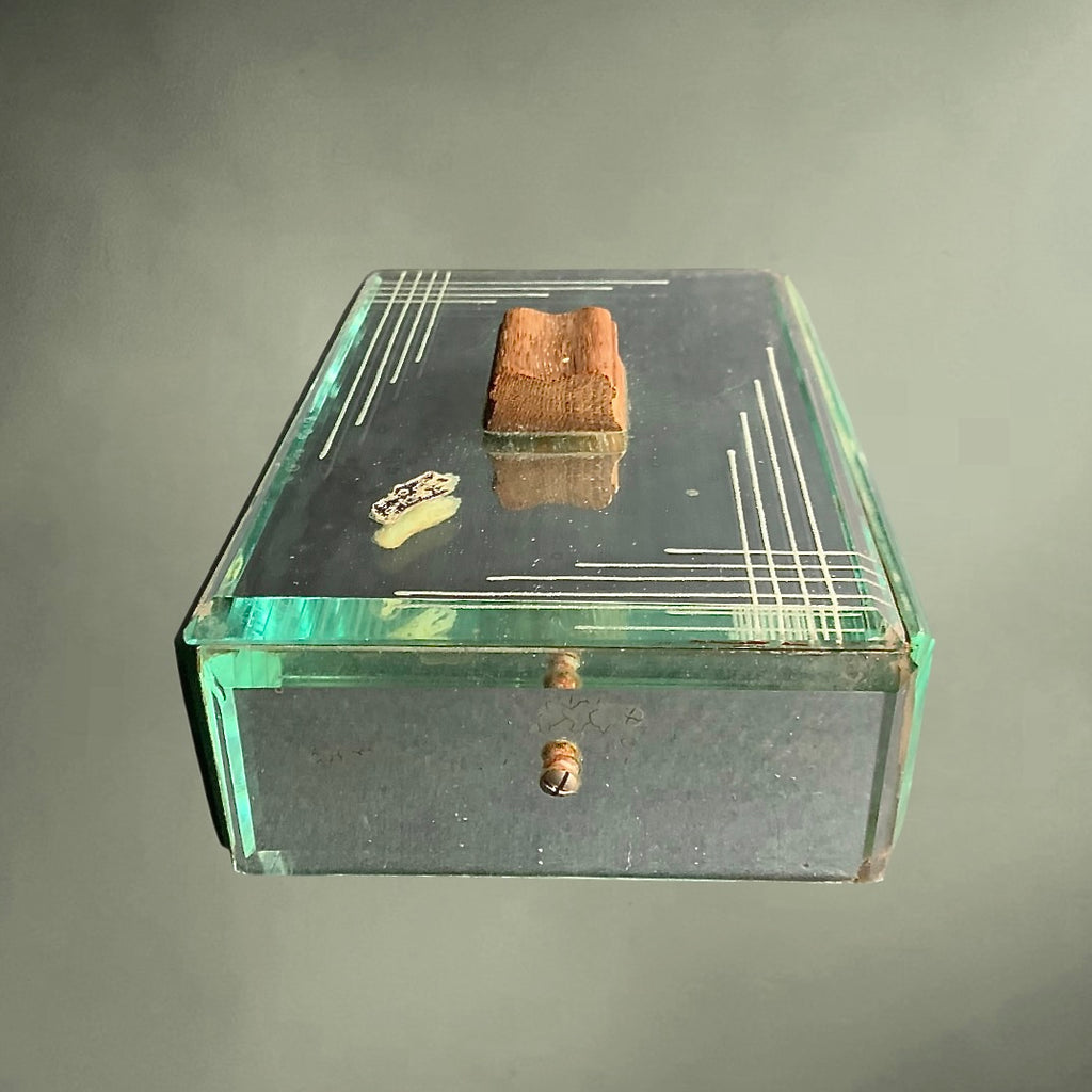 Boîte à bijoux Art Déco en verre miroir biseauté et bois – coffret vintage années 1940