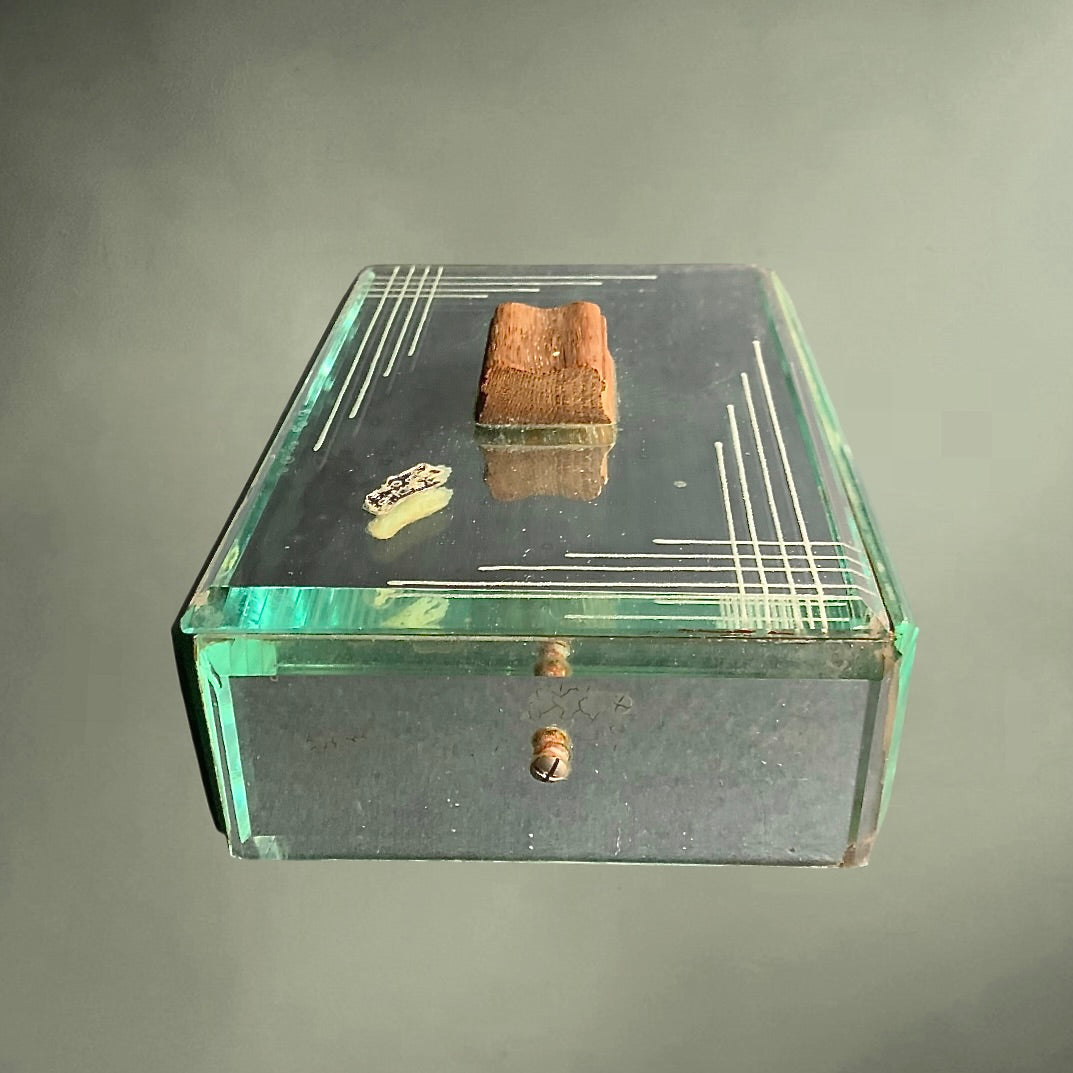 Boîte à bijoux Art Déco en verre miroir biseauté et bois – coffret vintage années 1940