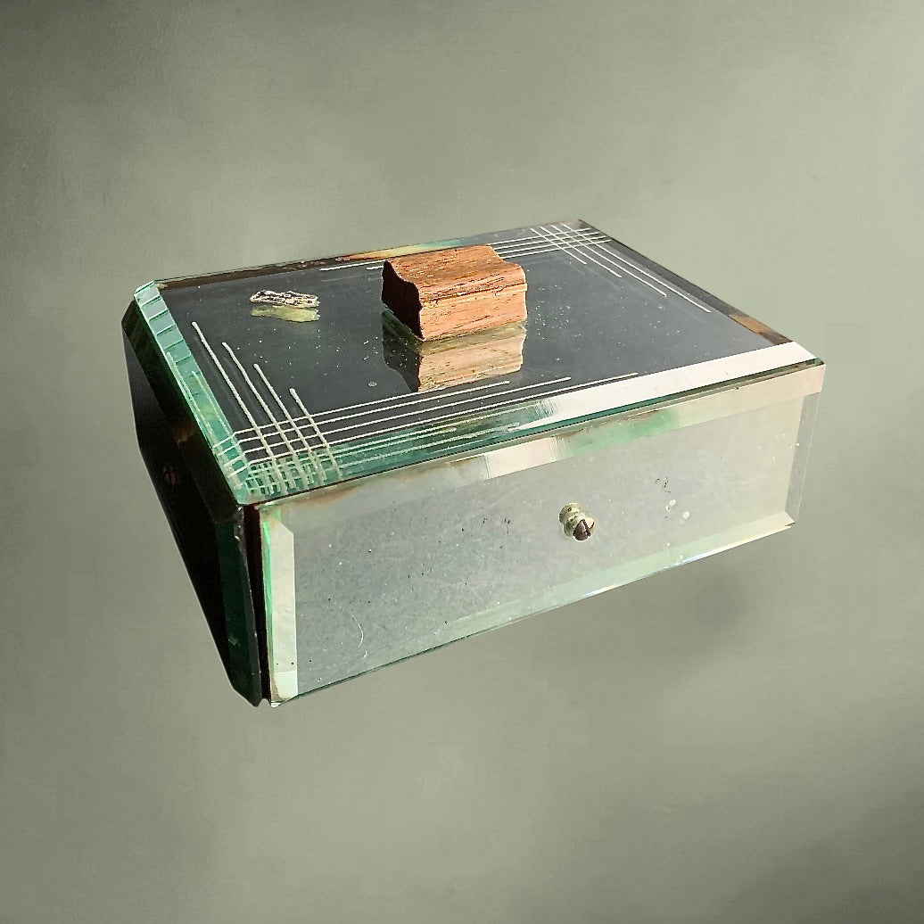 Boîte à bijoux Art Déco en verre miroir biseauté et bois – coffret vintage années 1940
