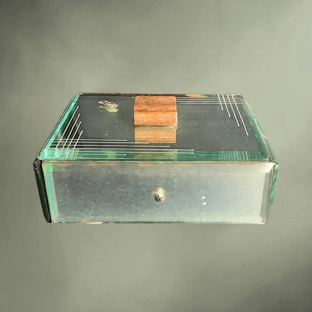 Boîte à bijoux Art Déco en verre miroir biseauté et bois – coffret vintage années 1940