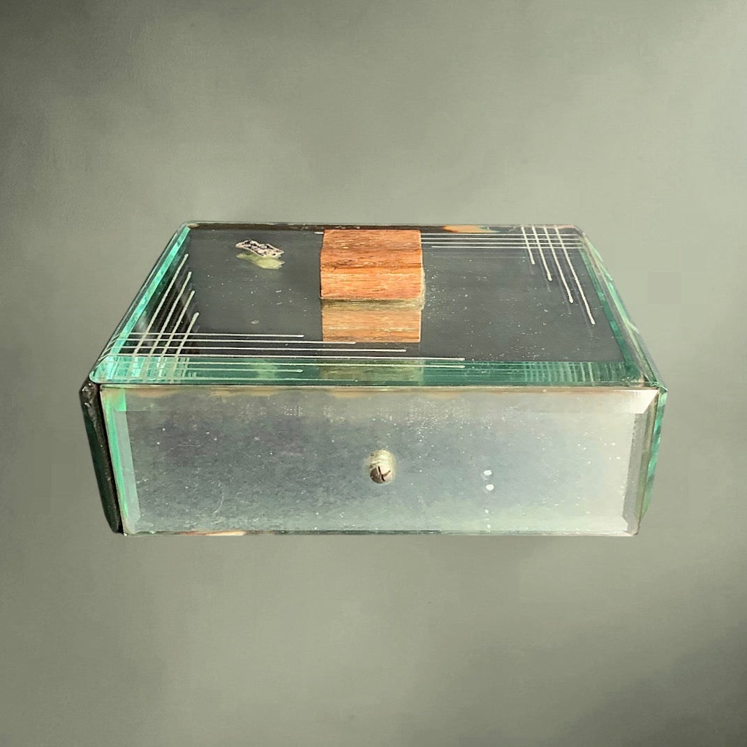 Boîte à bijoux Art Déco en verre miroir biseauté et bois – coffret vintage années 1940