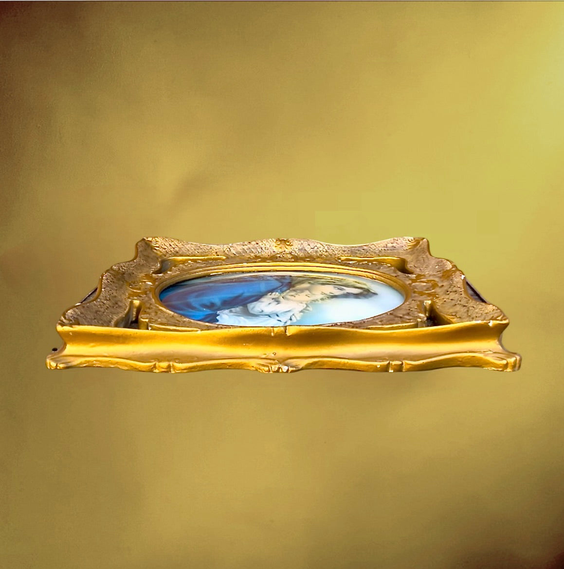 Cadre lumineux religieux vintage Vierge à l’Enfant – verre bombé et plâtre doré – années 1950