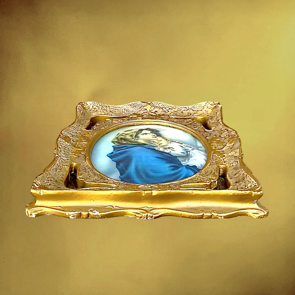Cadre lumineux religieux vintage Vierge à l’Enfant – verre bombé et plâtre doré – années 1950