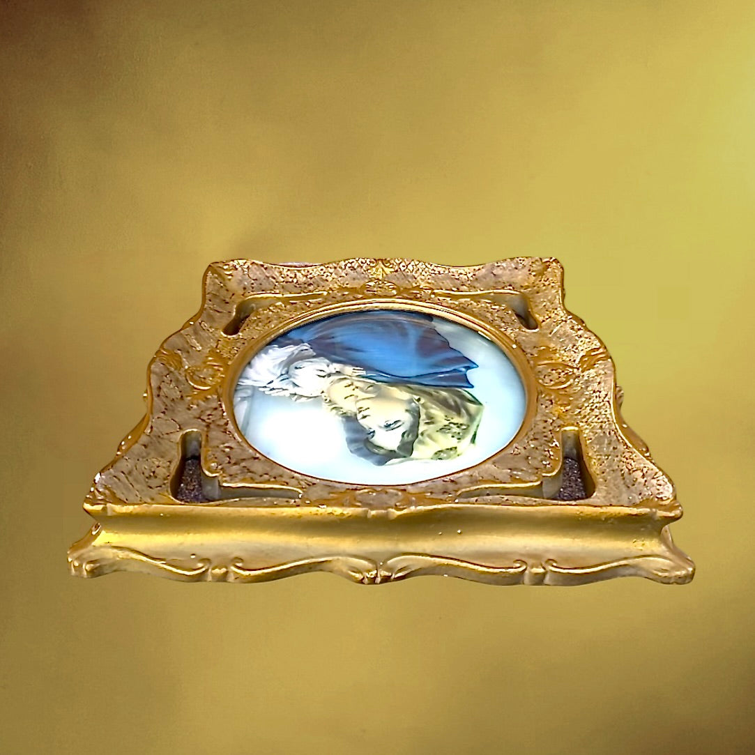 Cadre lumineux religieux vintage Vierge à l’Enfant – verre bombé et plâtre doré – années 1950