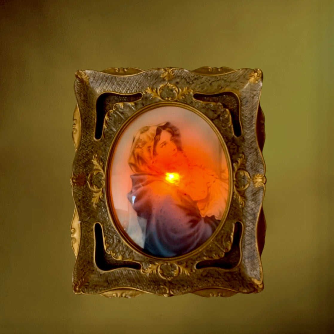 Cadre lumineux religieux vintage Vierge à l’Enfant – verre bombé et plâtre doré – années 1950