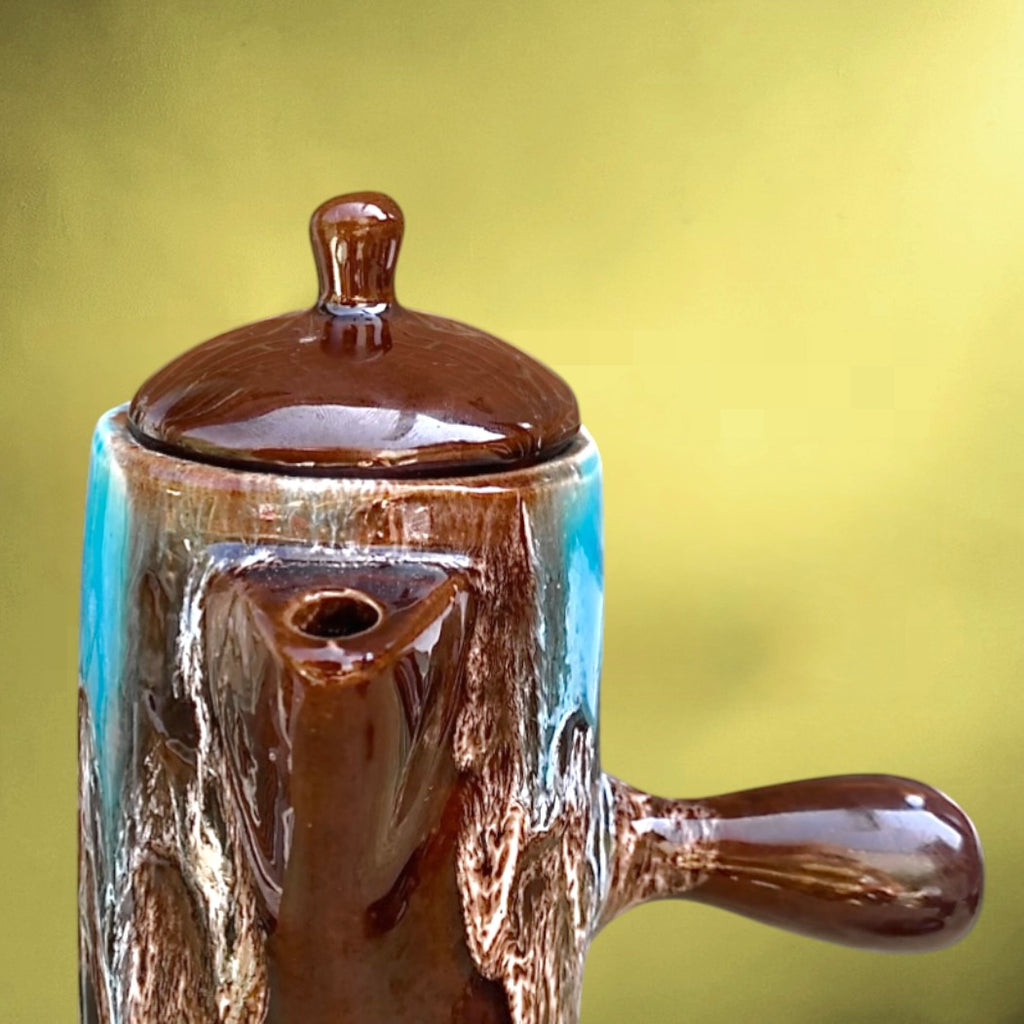 Service à café vintage Vallauris signé – céramique émaillée brun et turquoise – années 1960