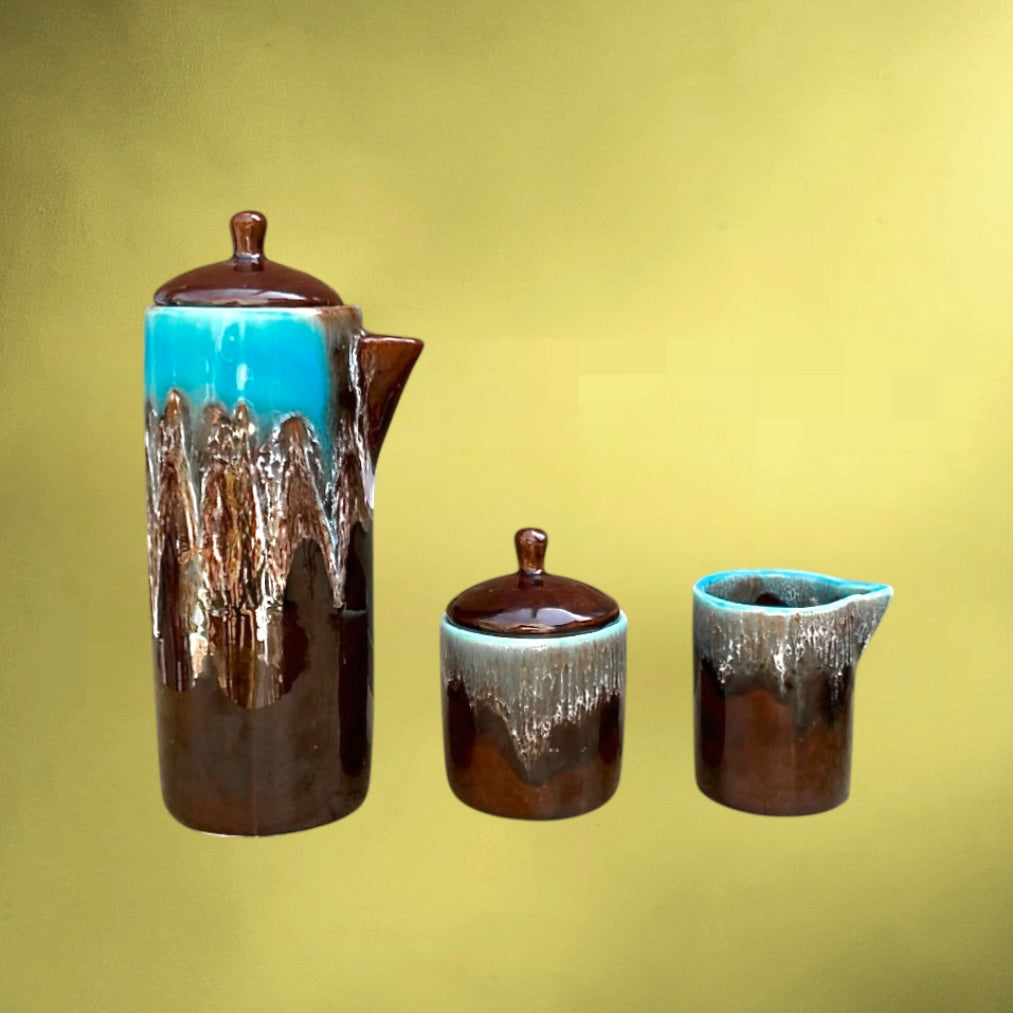Service à café vintage Vallauris signé – céramique émaillée brun et turquoise – années 1960