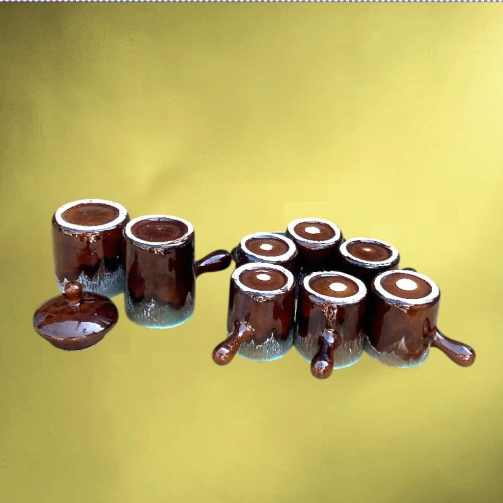 Service à café vintage Vallauris signé – céramique émaillée brun et turquoise – années 1960
