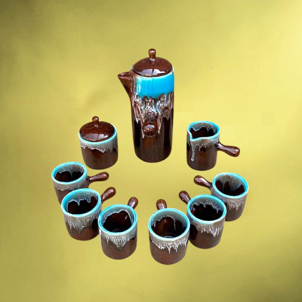 Service à café vintage Vallauris signé – céramique émaillée brun et turquoise – années 1960