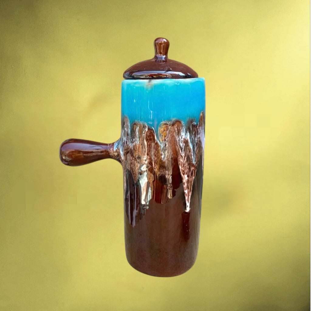 Service à café vintage Vallauris signé – céramique émaillée brun et turquoise – années 1960