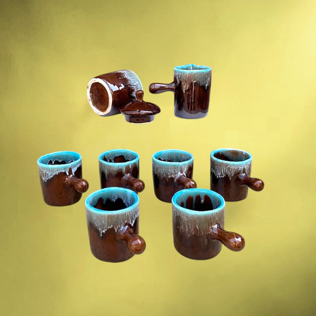 Service à café vintage Vallauris signé – céramique émaillée brun et turquoise – années 1960