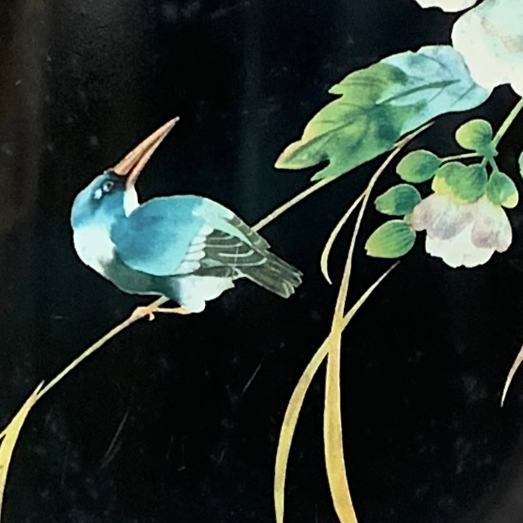 Corbeille à papier vintage Worcester Ware – tôle émaillée noire décor asiatique – années 1960