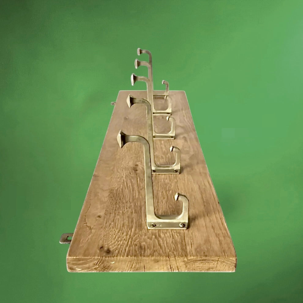 Portemanteau mural vintage bois massif 5 patères aluminium chromé années 70