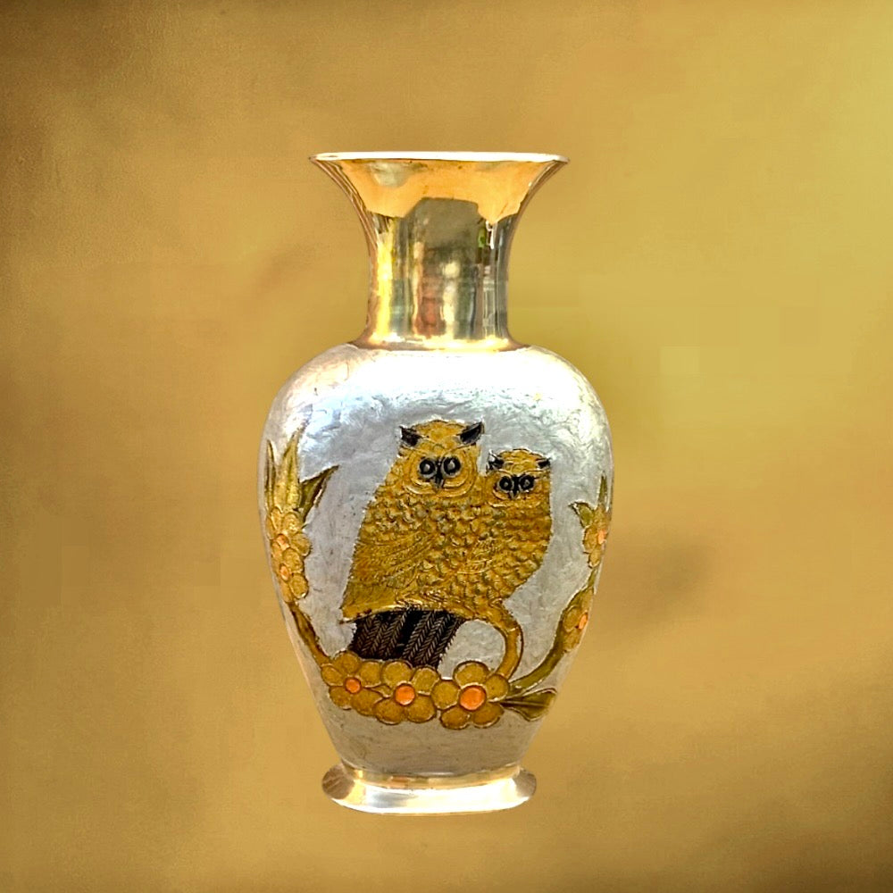 Vase vintage laiton cloisonné hiboux émaillés années 70