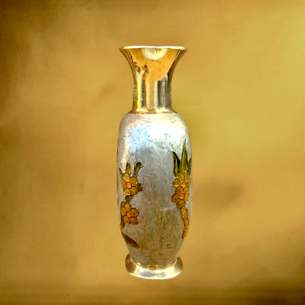 Vase vintage laiton cloisonné hiboux émaillés années 70