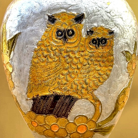 Vase vintage laiton cloisonné hiboux émaillés années 70