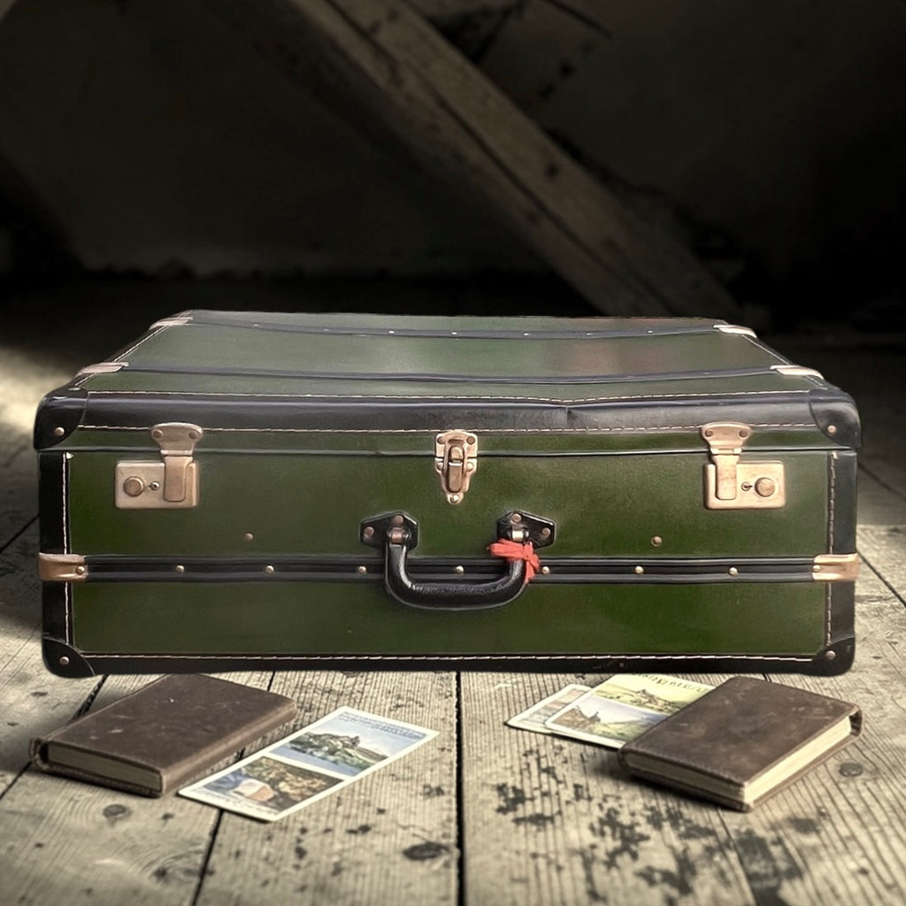 Grande valise vintage verte 1950 – malle ancienne fibre vulcanisée – bagage rétro déco – rangement vintage – trunk suitcase