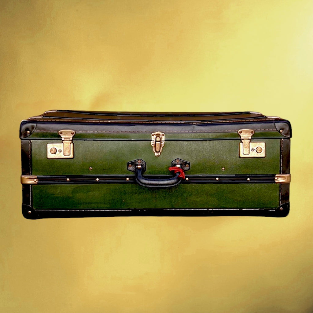 Grande valise vintage verte – fibre vulcanisée – coins renforcés – années 50