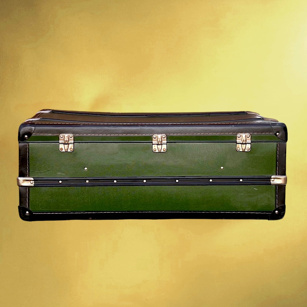 Grande valise vintage verte 1950 – malle ancienne fibre vulcanisée – bagage rétro déco – rangement vintage – trunk suitcase
