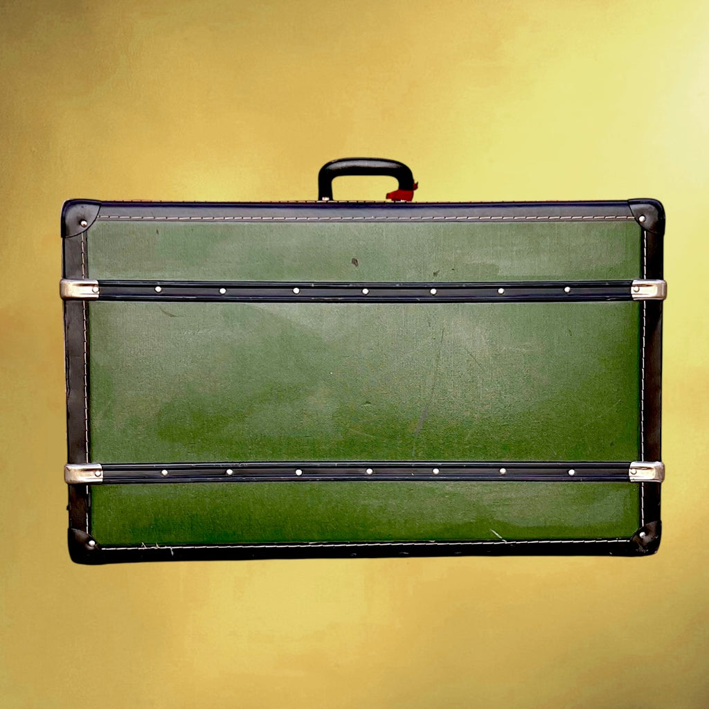 Grande valise vintage verte 1950 – malle ancienne fibre vulcanisée – bagage rétro déco – rangement vintage – trunk suitcase