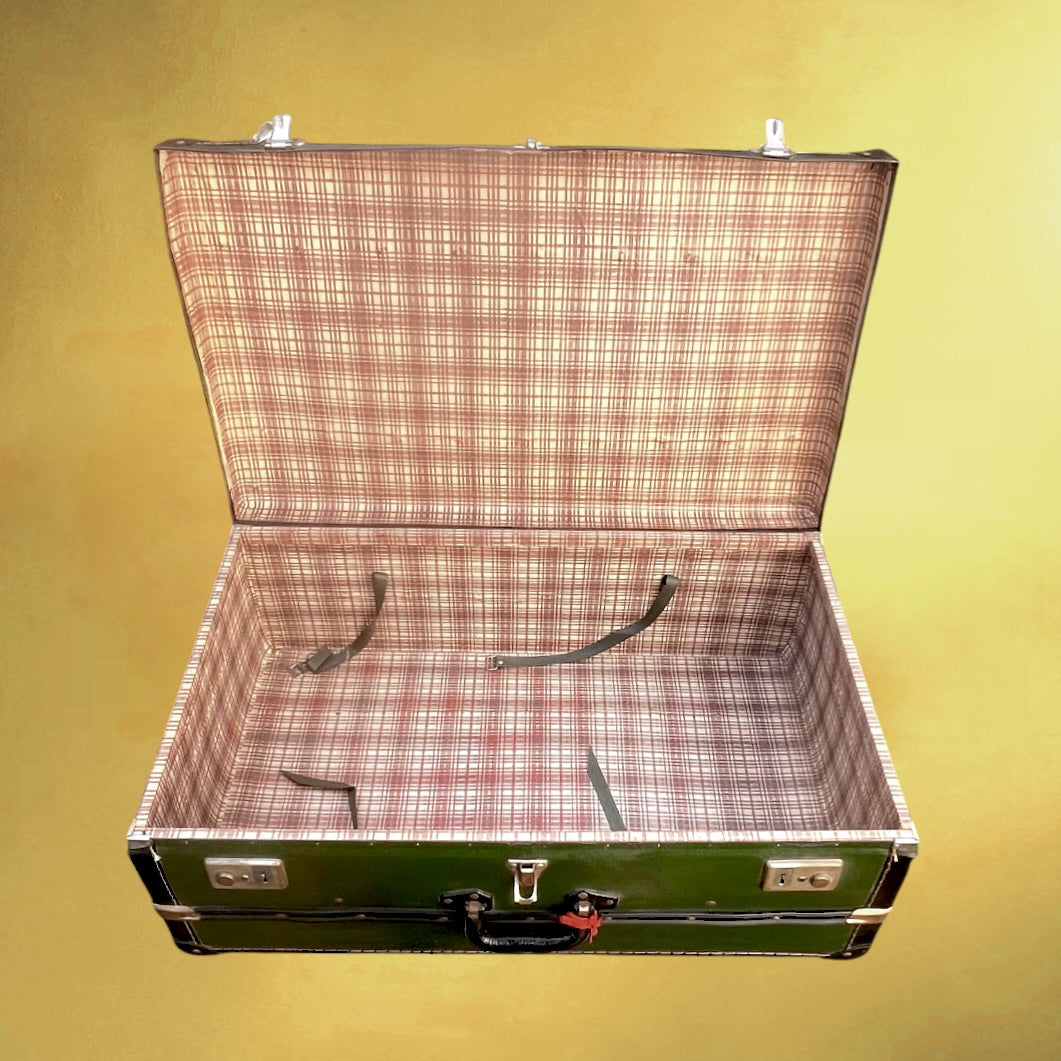 Grande valise vintage verte 1950 – malle ancienne fibre vulcanisée – bagage rétro déco – rangement vintage – trunk suitcase